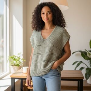 360 Sweater Italian Yarn Linen Blend V Neck‎ Chuncky Knit Top, M Crochet Relaxed